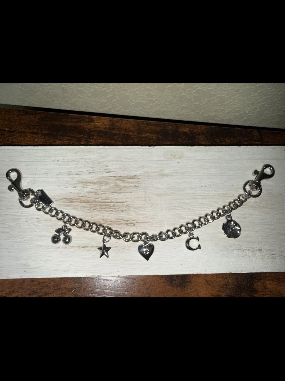 Silver Coach Like Purse Charm with Heart, Star, Cherry & Initial C Charm